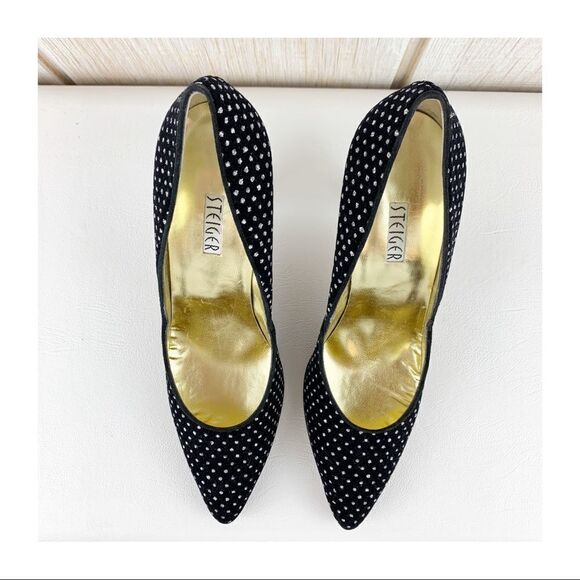 Walter Steiger Black Velvet Evening Pumps w/Silver Glitter - Picture 6 of 8